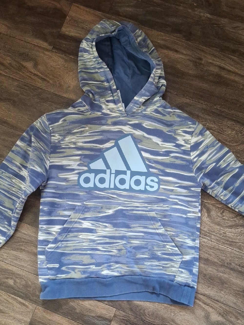 adidas Boys Blue and Gray Camo Hoodie with Large Logo